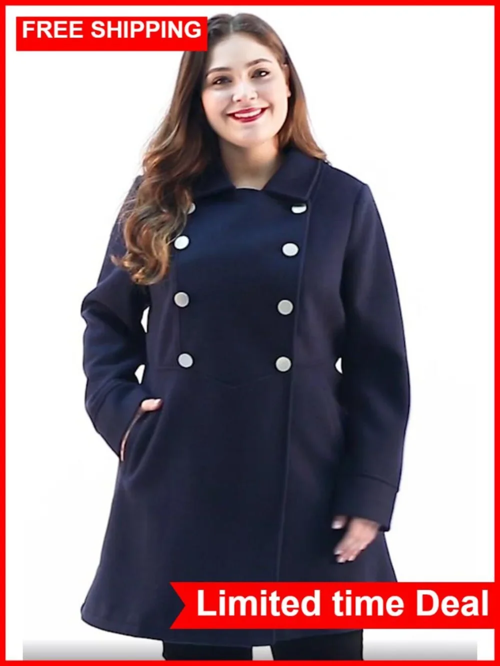 Plus Size Double Breasted A-Line Pea Coat Midi Wool Blend Winter
